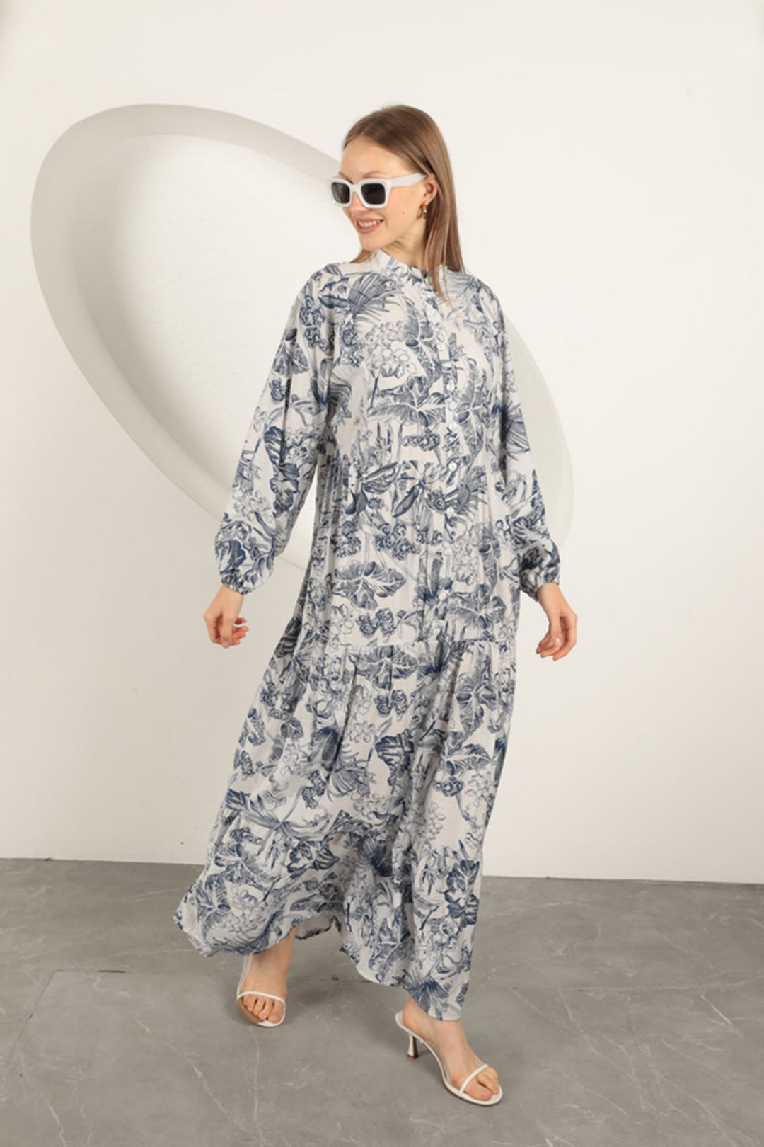 KKT Viscose Fabric Floral Patterned Dress-Navy Blue - Legnano