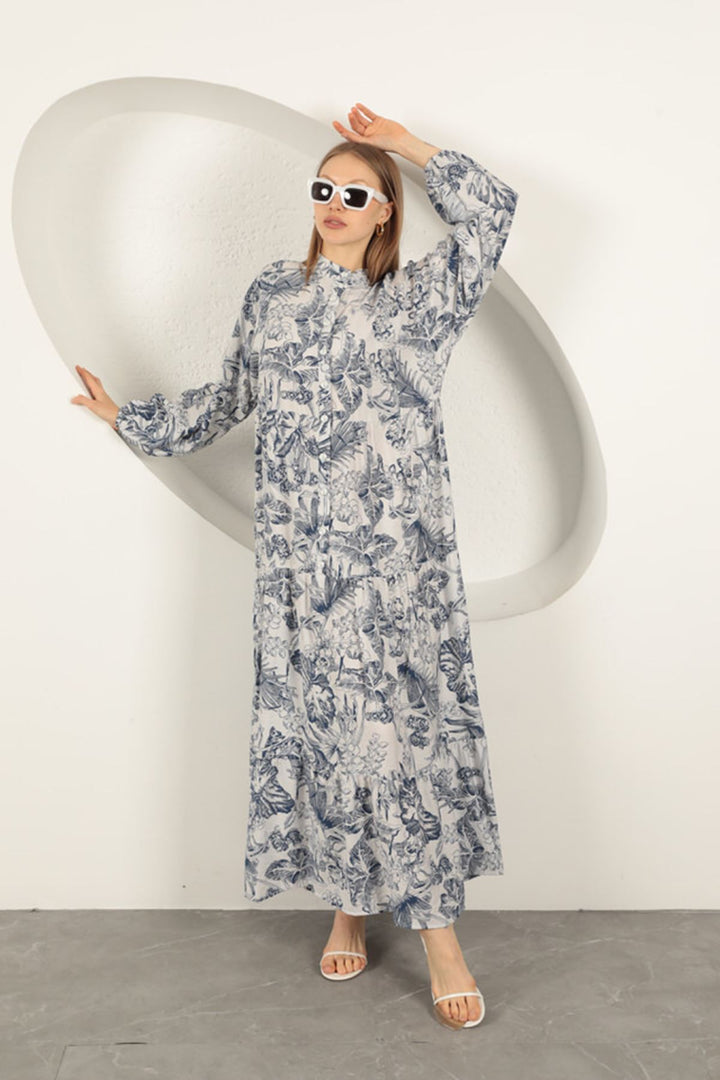 KKT Viscose Fabric Floral Patterned Dress-Navy Blue - Legnano