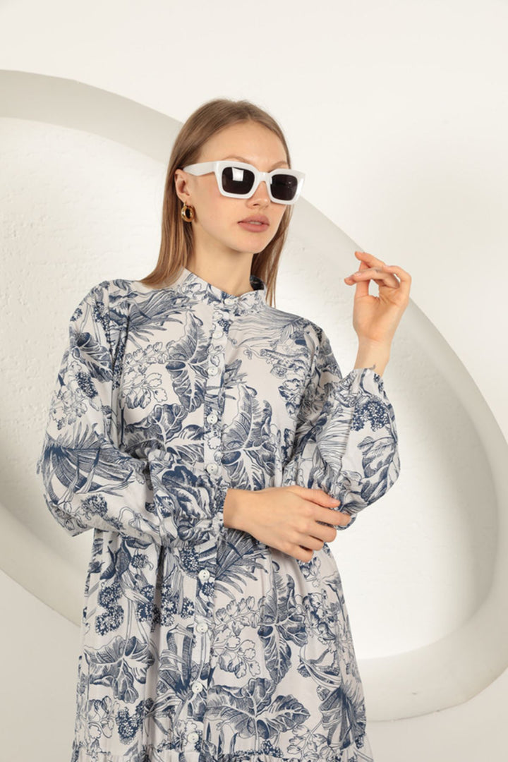 KKT Viscose Fabric Floral Patterned Dress-Navy Blue - Legnano