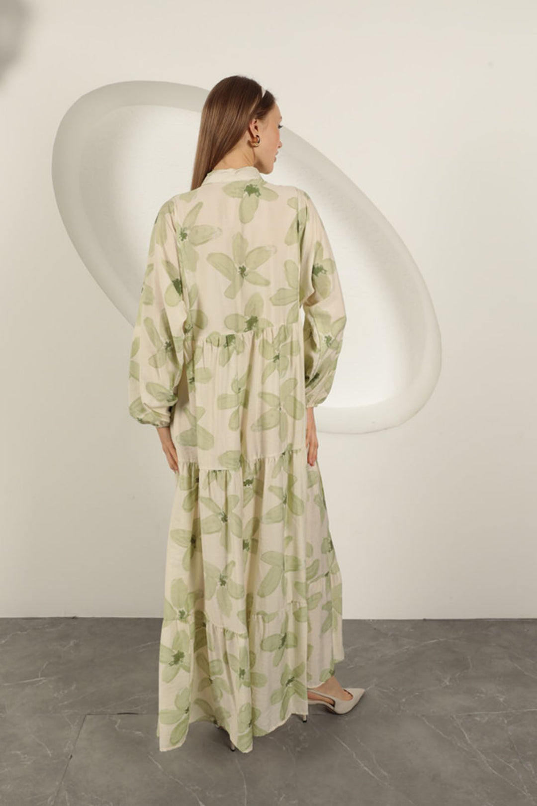 KKT Viscose Fabric Floral Patterned Dress-Khaki - Trofa