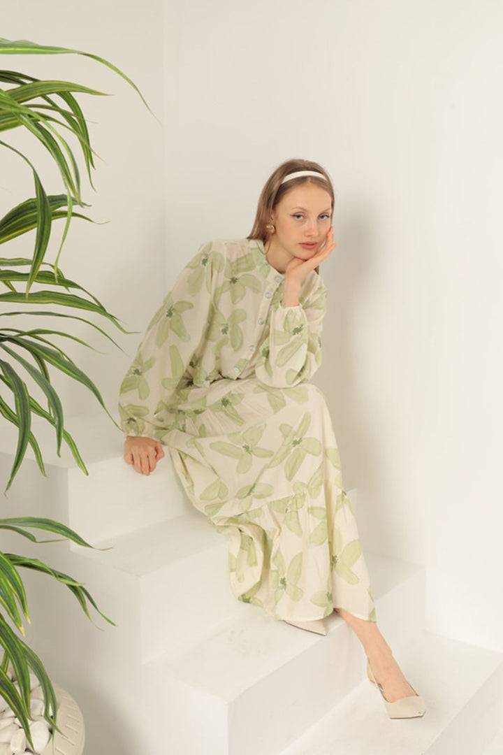 KKT Viscose Fabric Floral Patterned Dress-Khaki - Trofa
