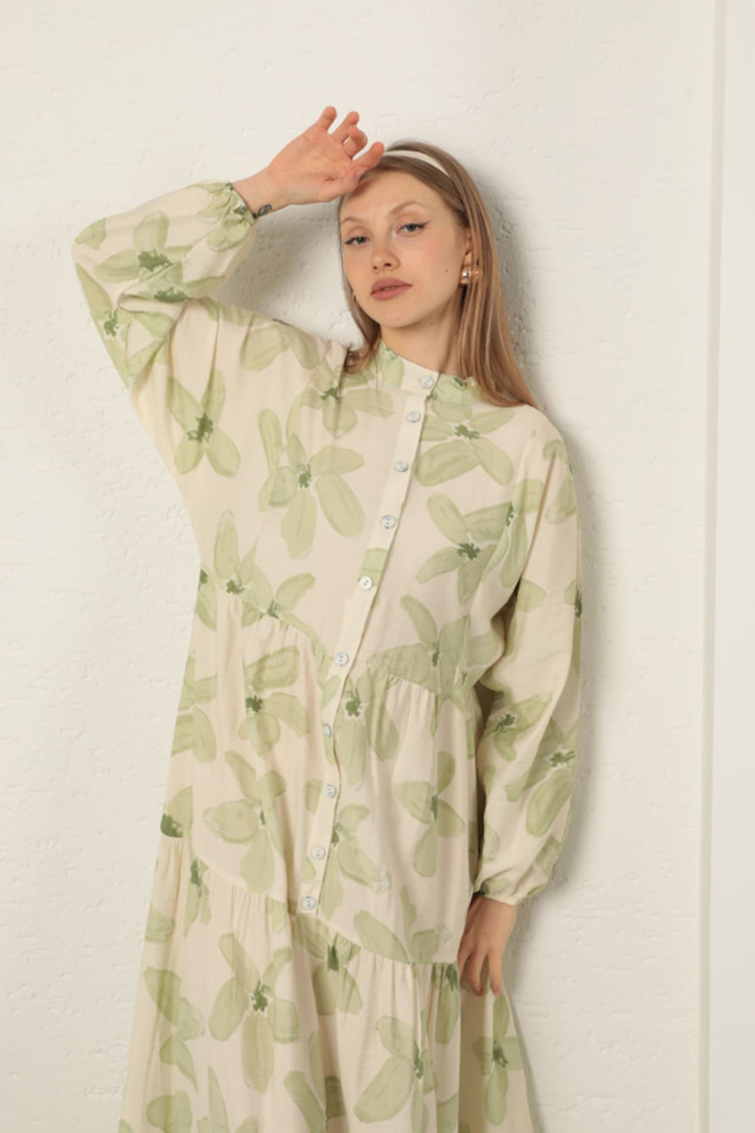 KKT Viscose Fabric Floral Patterned Dress-Khaki - Trofa