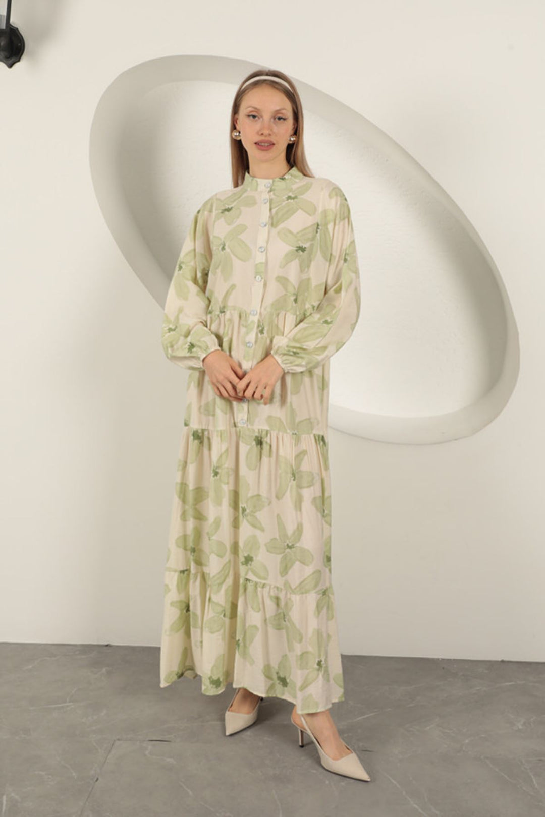 KKT Viscose Fabric Floral Patterned Dress-Khaki - Trofa