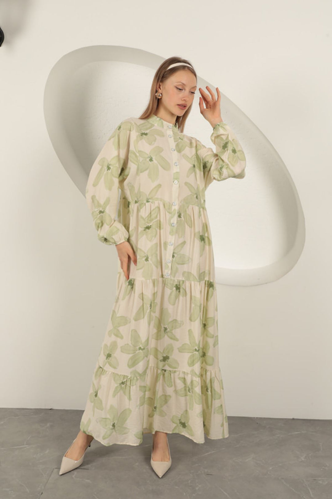 KKT Viscose Fabric Floral Patterned Dress-Khaki - Trofa