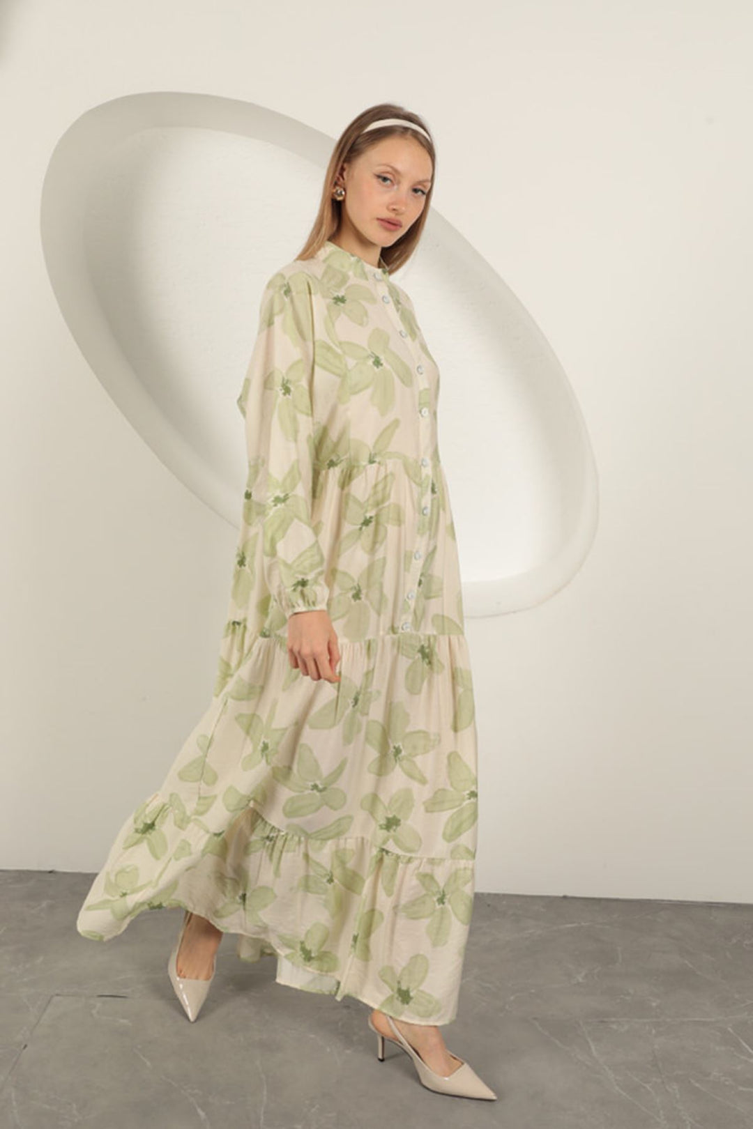KKT Viscose Fabric Floral Patterned Dress-Khaki - Trofa