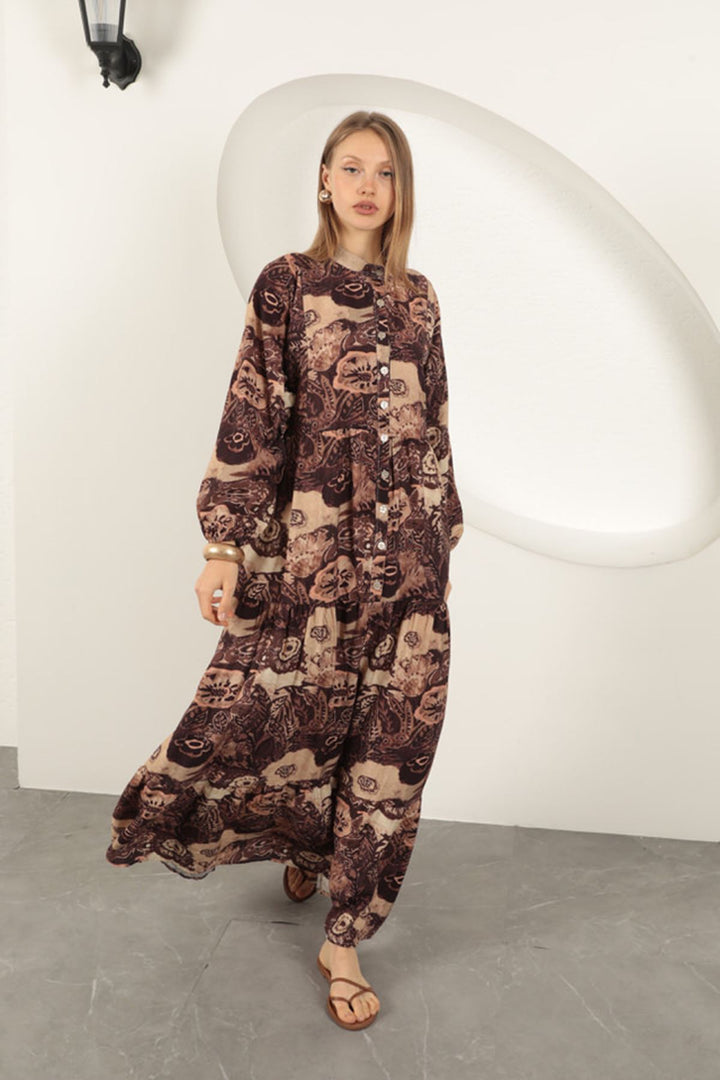 KKT Viscose Fabric Ethnic Patterned Dress-Coffee - Voerde