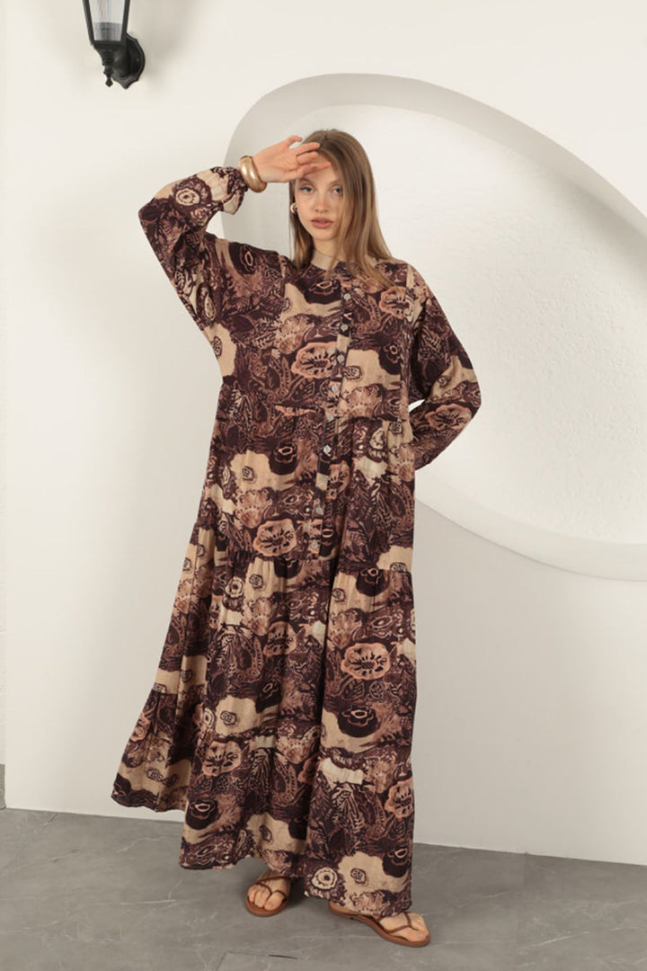 KKT Viscose Fabric Ethnic Patterned Dress-Coffee - Voerde