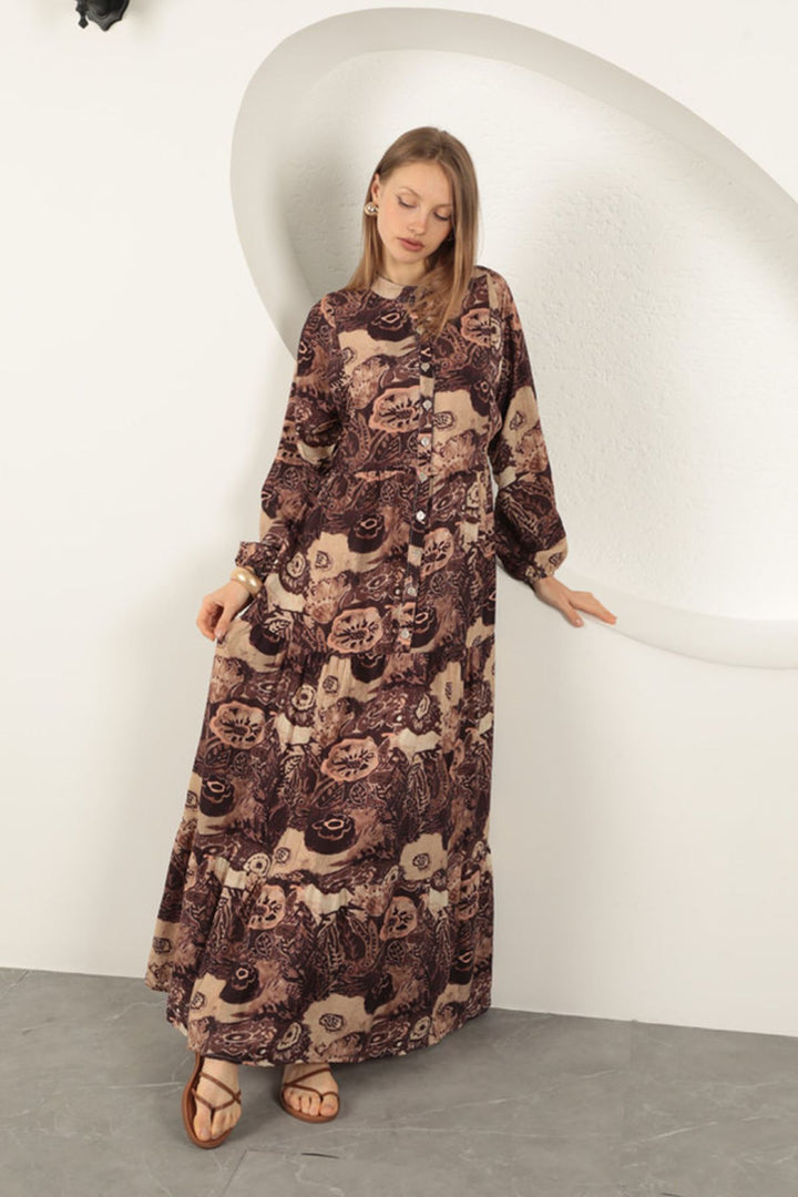 KKT Viscose Fabric Ethnic Patterned Dress-Coffee - Voerde