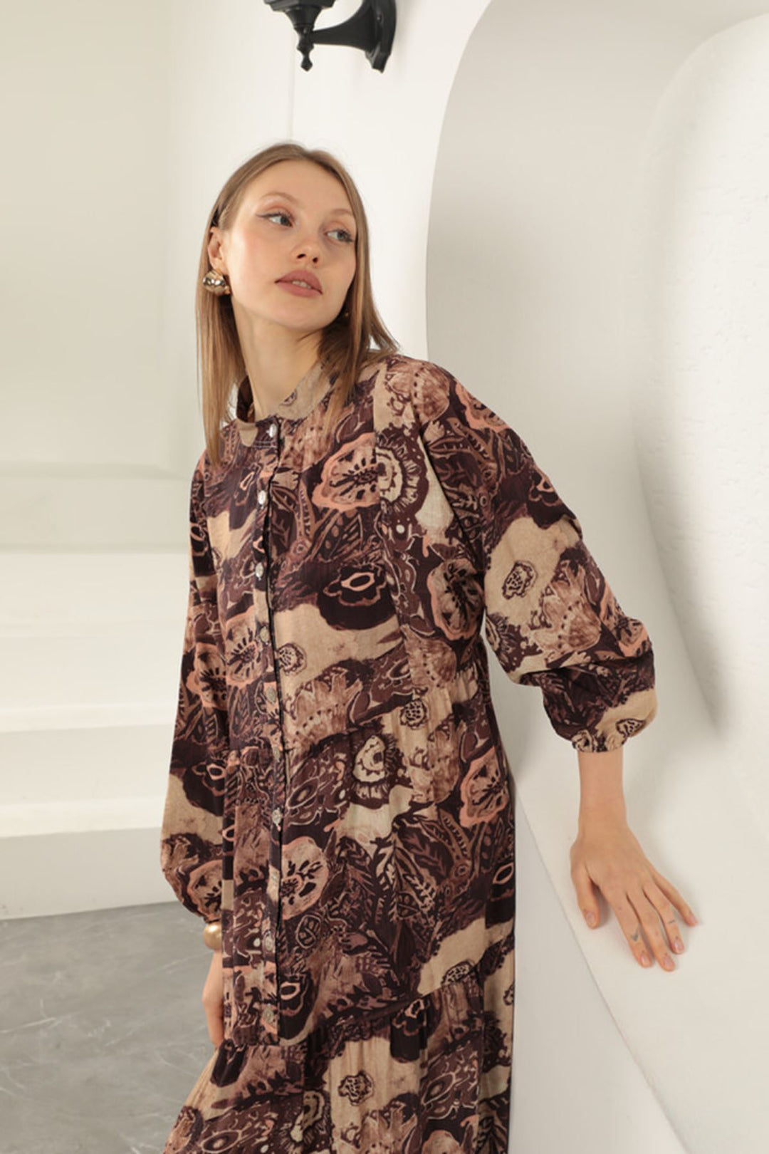 KKT Viscose Fabric Ethnic Patterned Dress-Coffee - Voerde