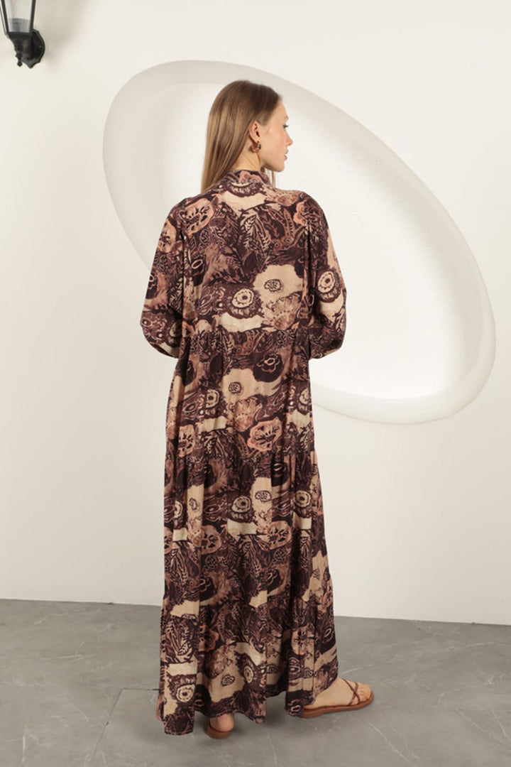 KKT Viscose Fabric Ethnic Patterned Dress-Coffee - Voerde