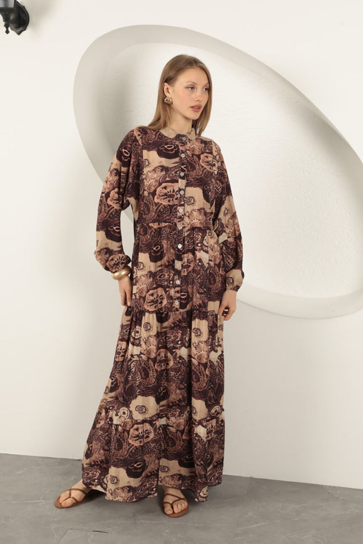 KKT Viscose Fabric Ethnic Patterned Dress-Coffee - Voerde