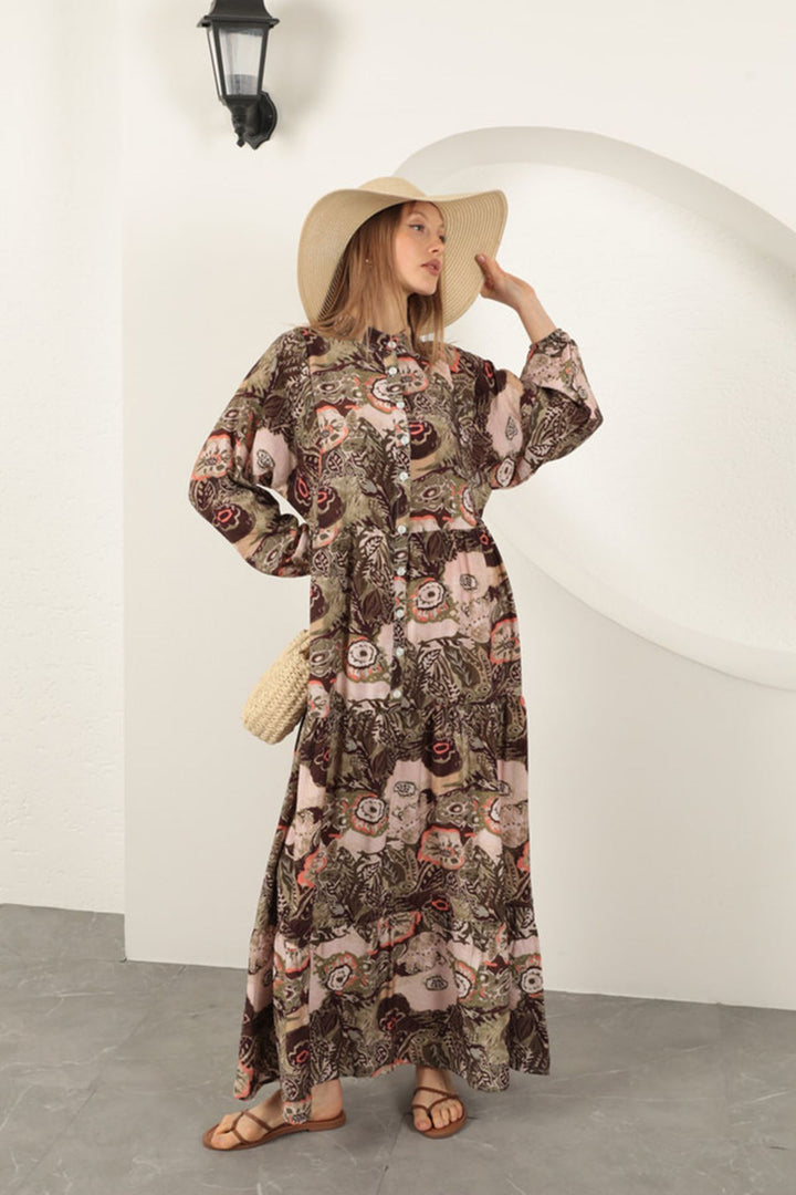 KKT Viscose Fabric Ethnic Patterned Dress-Khaki - Tokyo