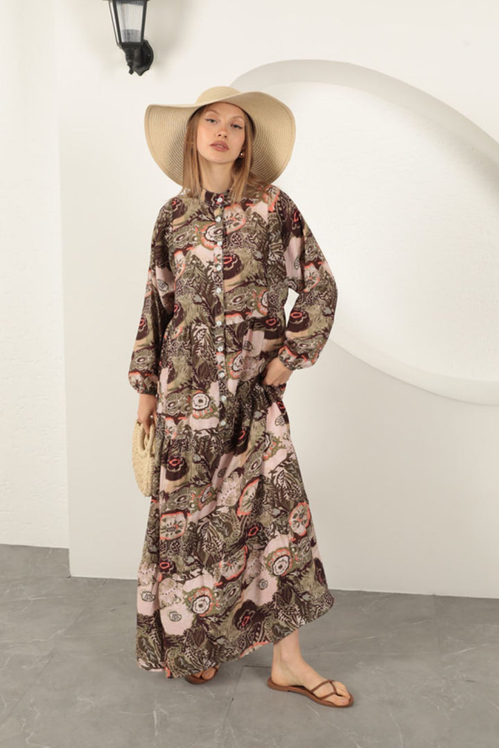 KKT Viscose Fabric Ethnic Patterned Dress-Khaki - Tokyo