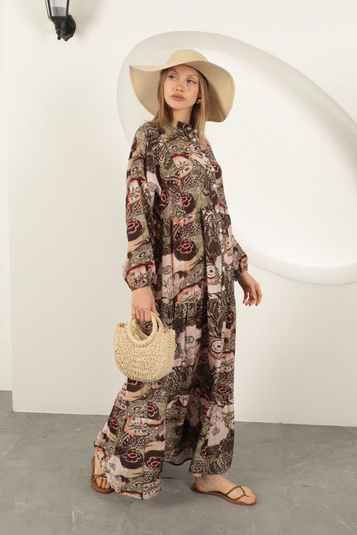 KKT Viscose Fabric Ethnic Patterned Dress-Khaki - Tokyo