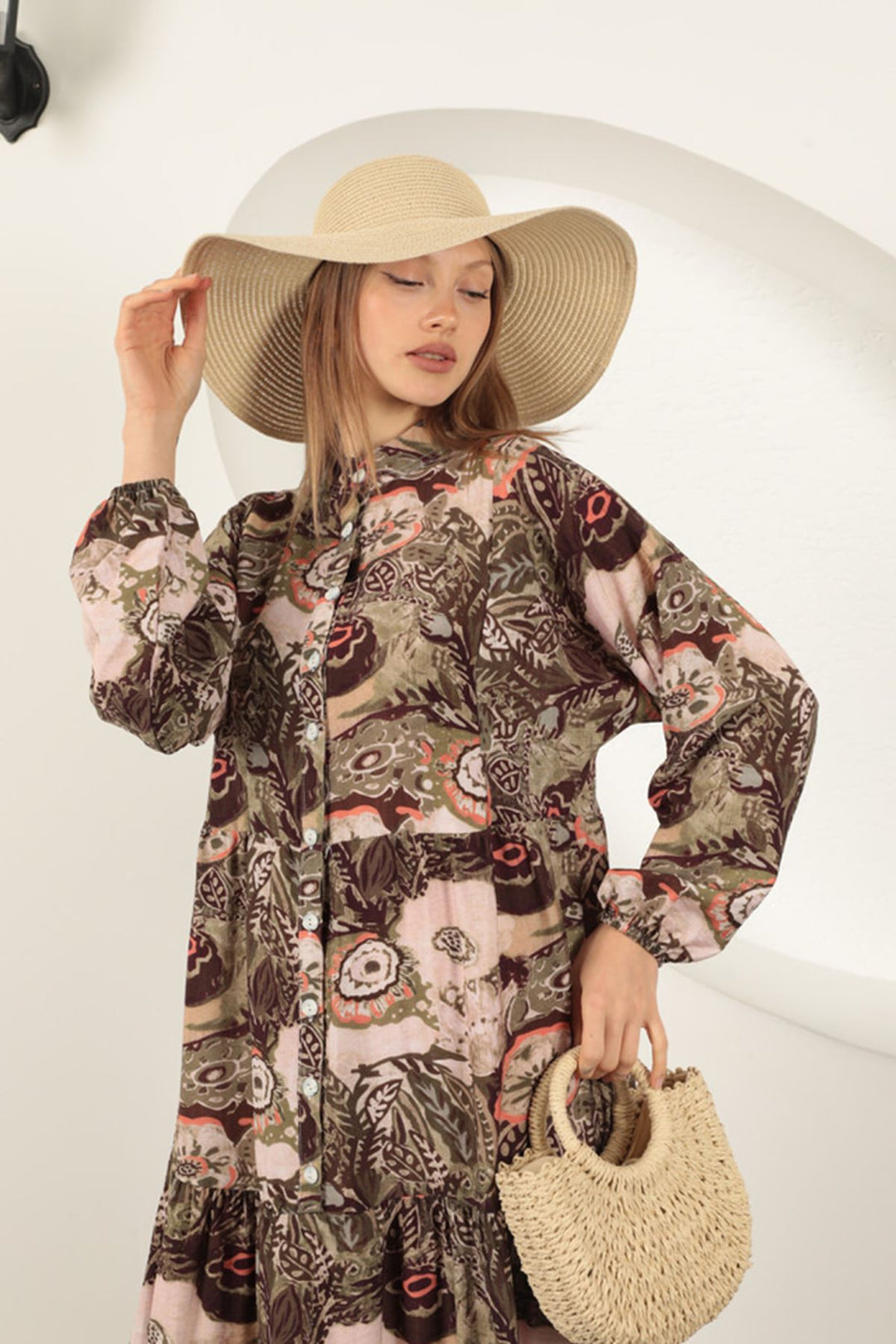 KKT Viscose Fabric Ethnic Patterned Dress-Khaki - Tokyo