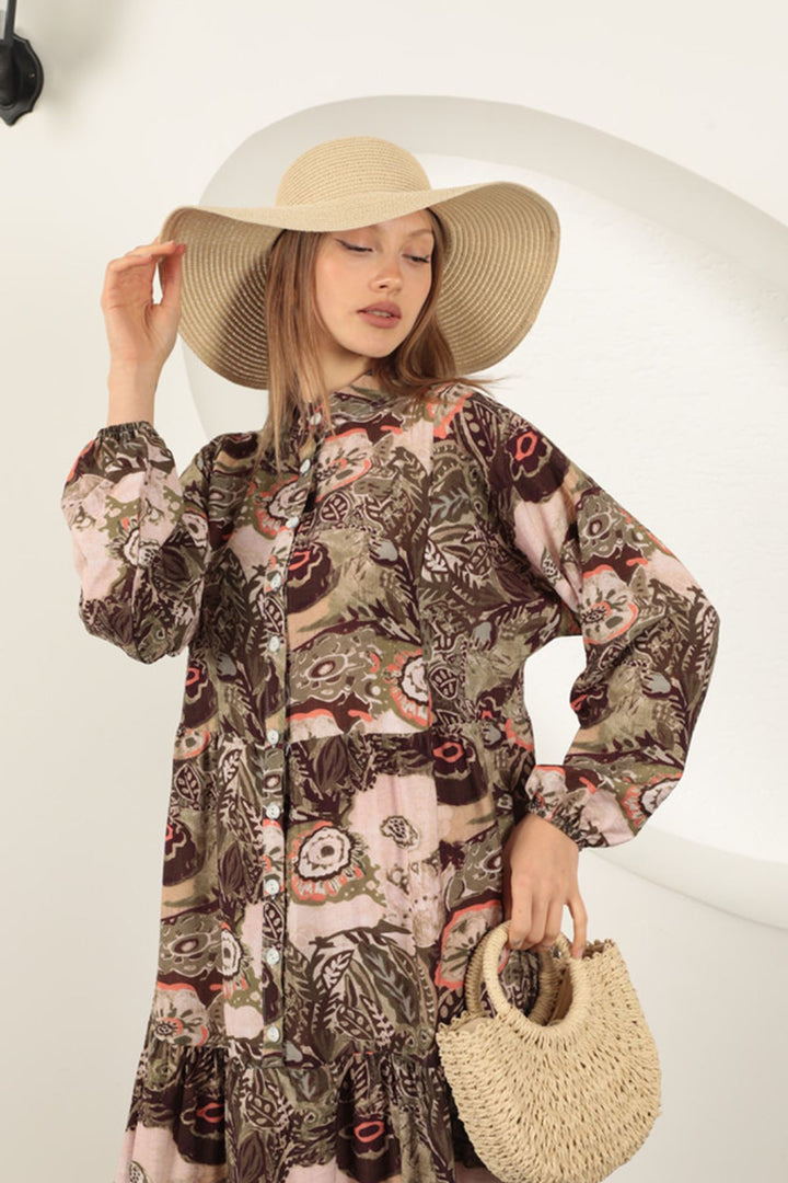 KKT Viscose Fabric Ethnic Patterned Dress-Khaki - Tokyo