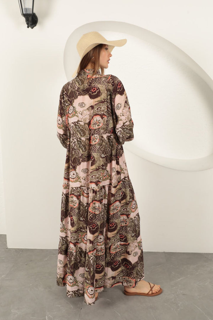 KKT Viscose Fabric Ethnic Patterned Dress-Khaki - Tokyo