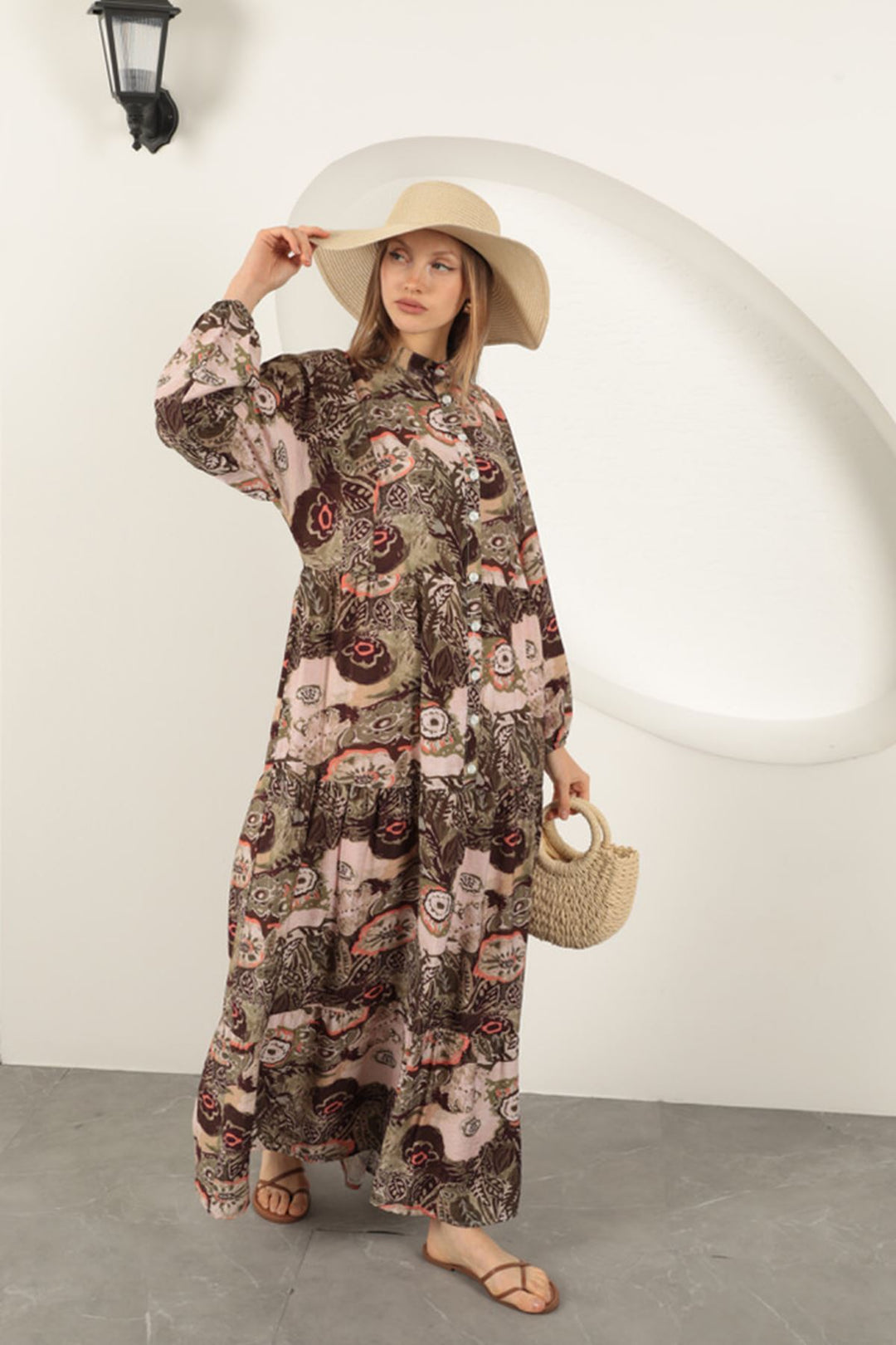 KKT Viscose Fabric Ethnic Patterned Dress-Khaki - Tokyo