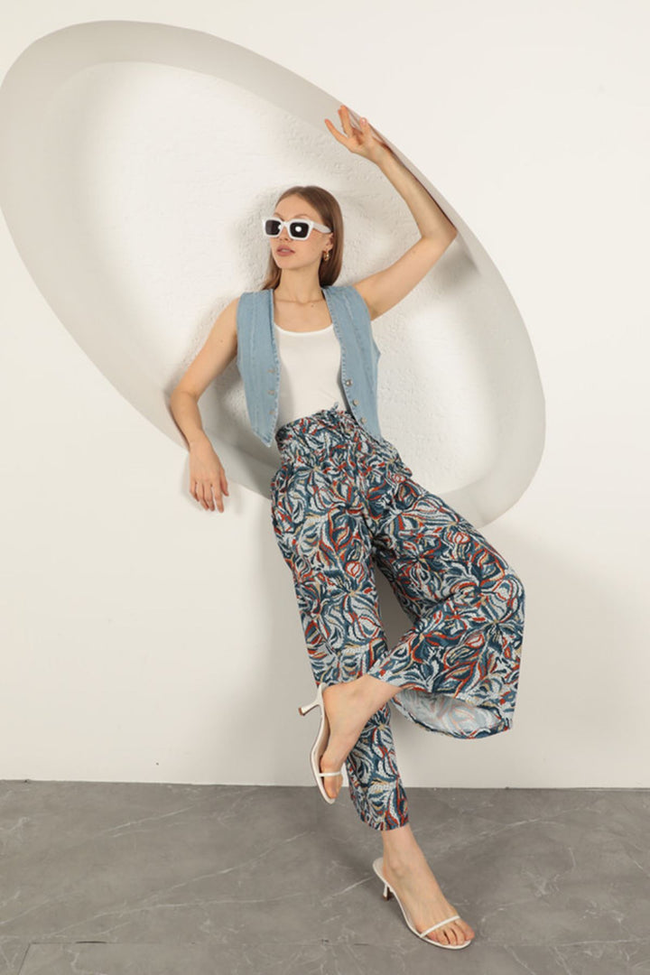 KKT Viscose Fabric Leaf Patterned Trousers-Blue - Suresnes