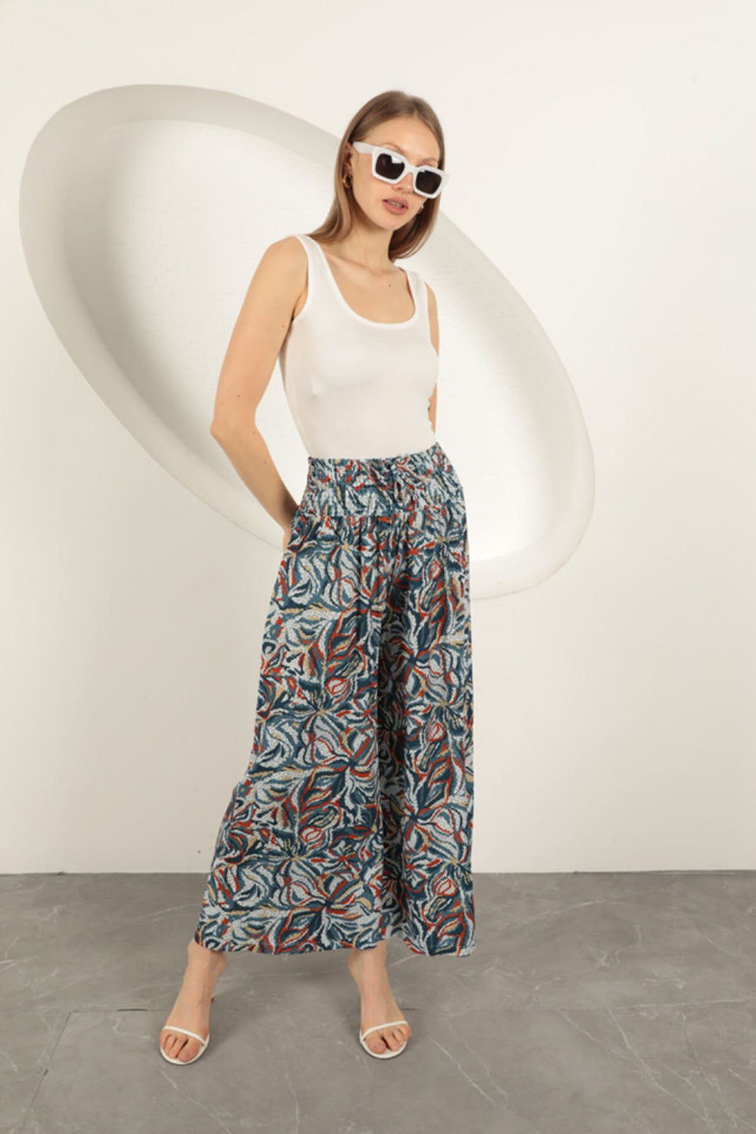 KKT Viscose Fabric Leaf Patterned Trousers-Blue - Suresnes