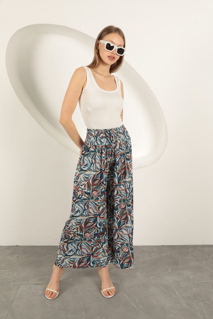 KKT Viscose Fabric Leaf Patterned Trousers-Blue - Suresnes