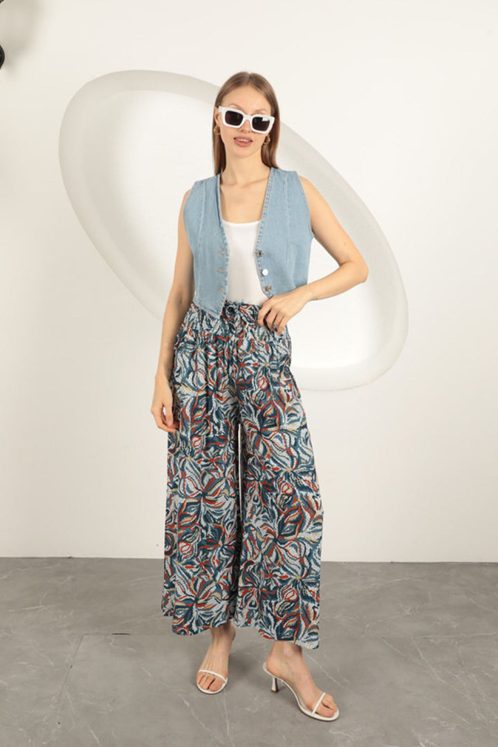 KKT Viscose Fabric Leaf Patterned Trousers-Blue - Suresnes