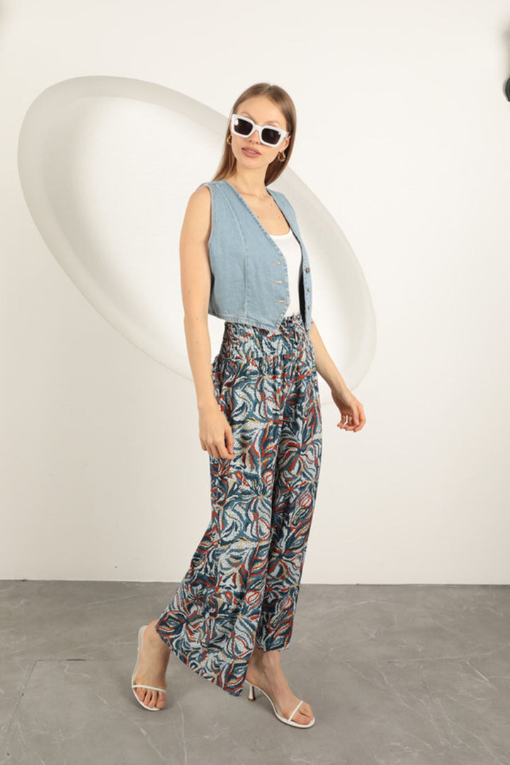 KKT Viscose Fabric Leaf Patterned Trousers-Blue - Suresnes