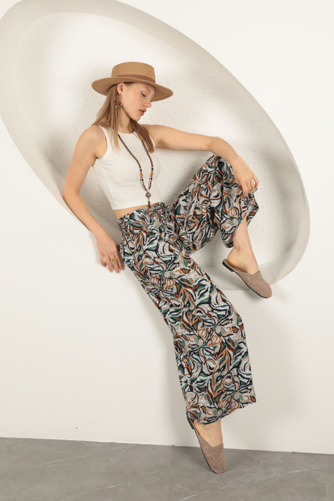 KKT Viscose Fabric Leaf Patterned Trousers-Black - Claremont