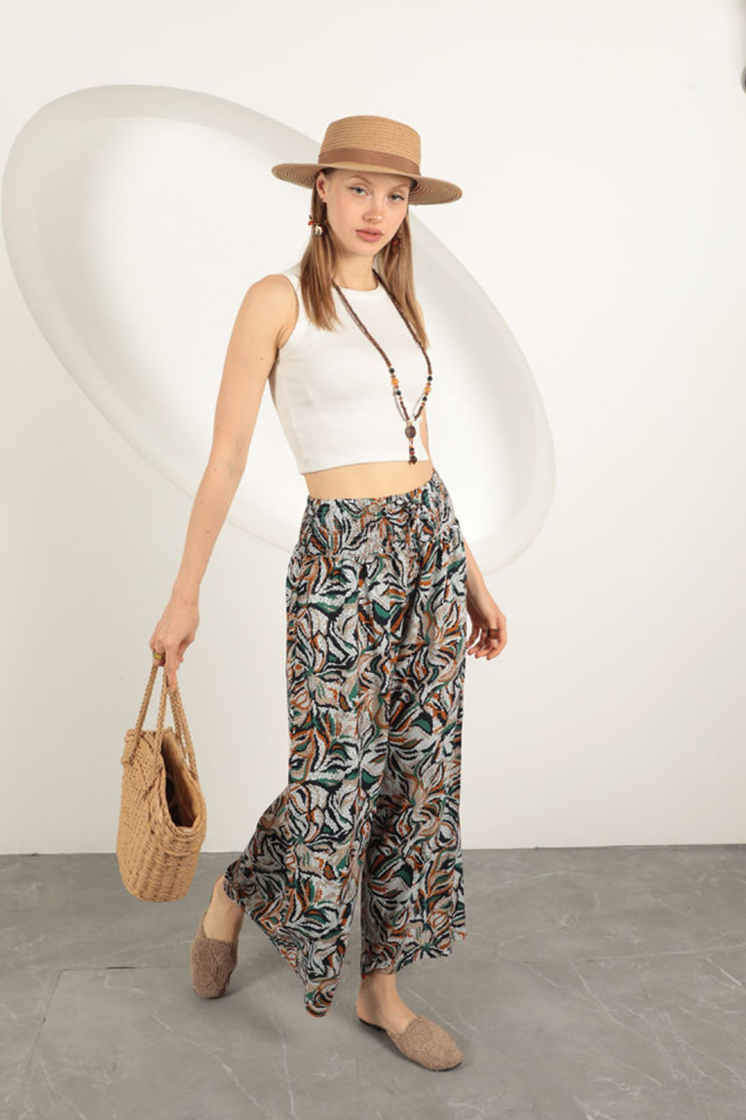 KKT Viscose Fabric Leaf Patterned Trousers-Black - Claremont