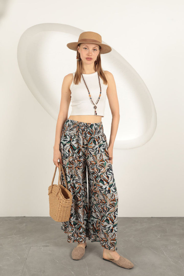 KKT Viscose Fabric Leaf Patterned Trousers-Black - Claremont