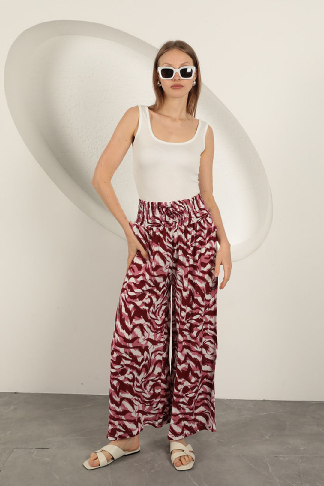KKT Viscose Fabric Striped Patterned Trousers-Fuchsia - Lakeville