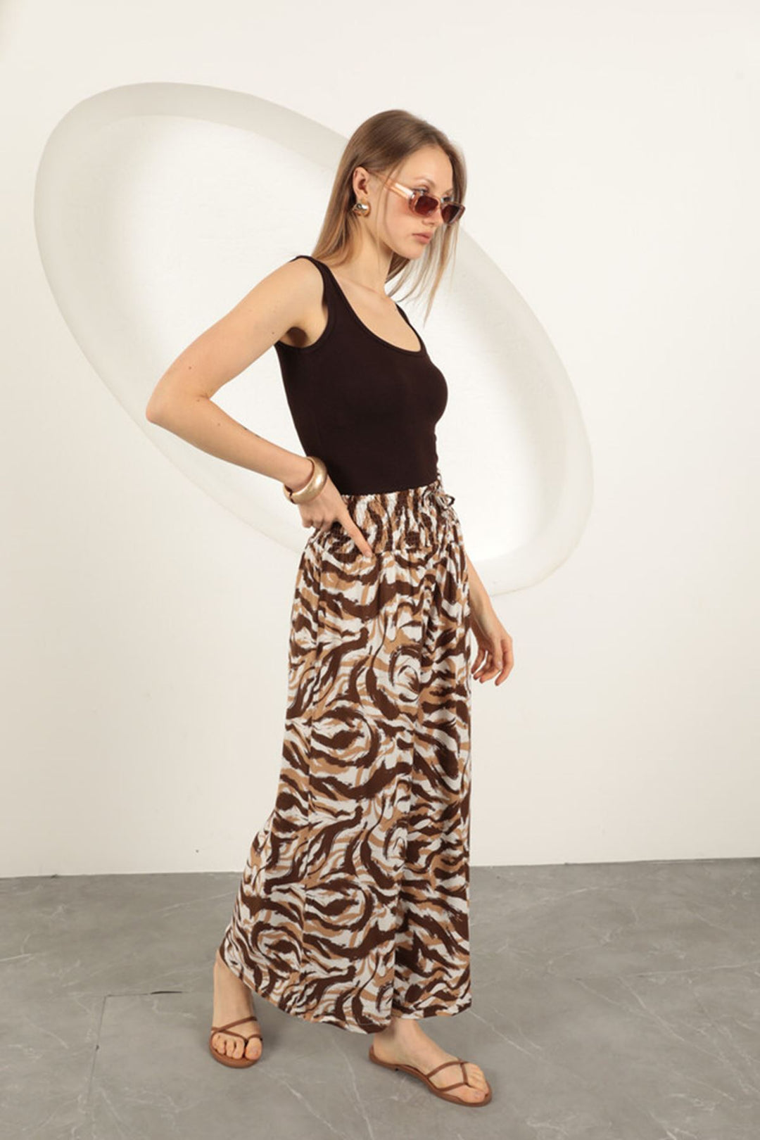 KKT Viscose Fabric Striped Patterned Trousers-Coffee - Senigallia