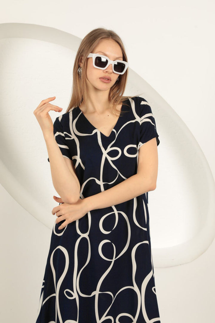 KKT Viscose Fabric Striped Patterned Dress-Navy Blue - Lombard