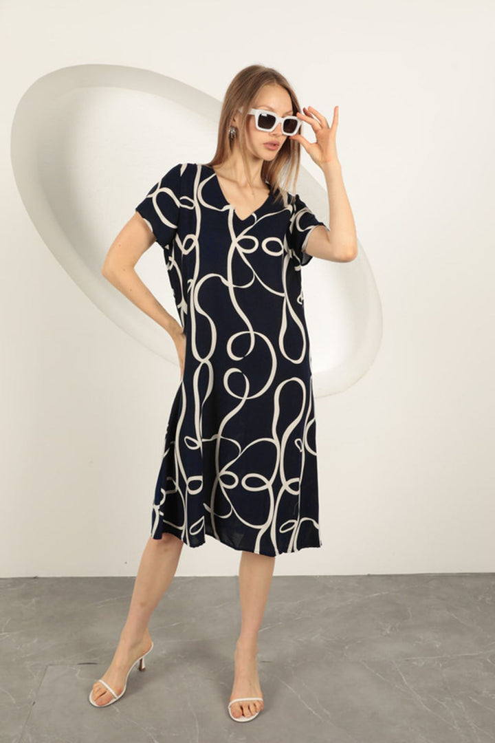 KKT Viscose Fabric Striped Patterned Dress-Navy Blue - Lombard
