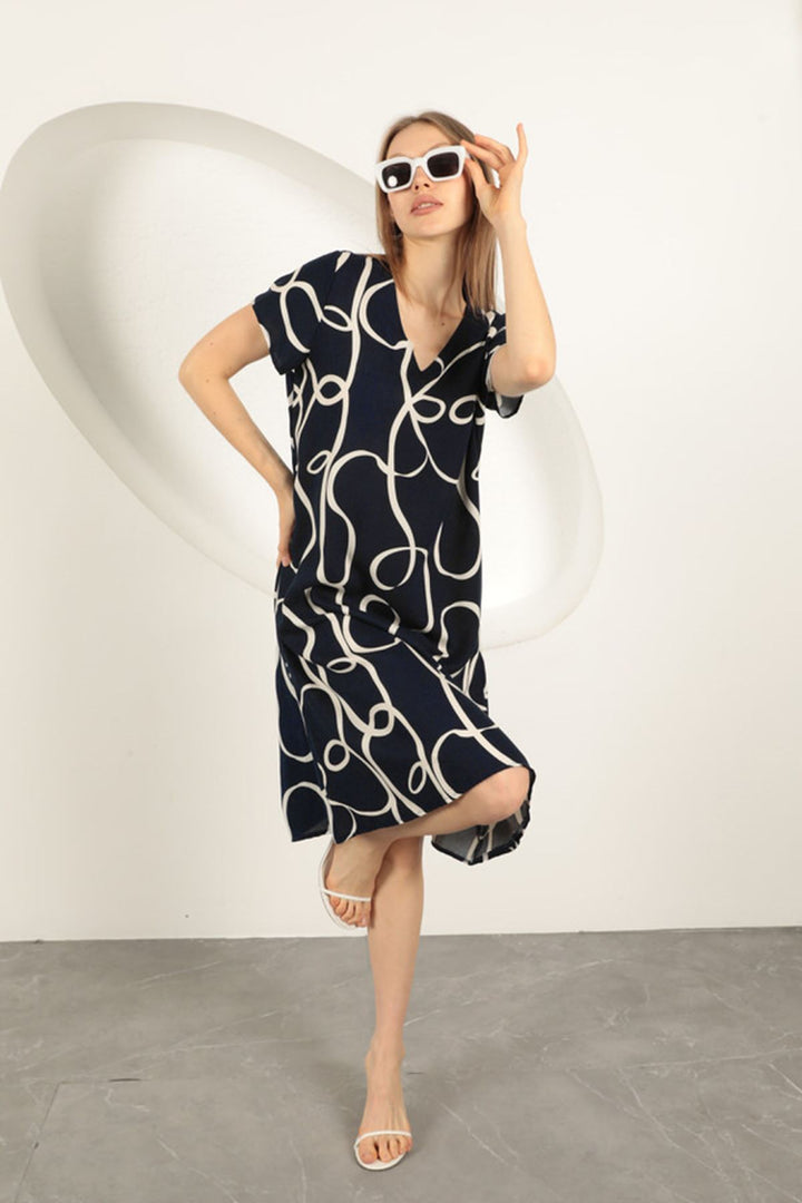 KKT Viscose Fabric Striped Patterned Dress-Navy Blue - Lombard