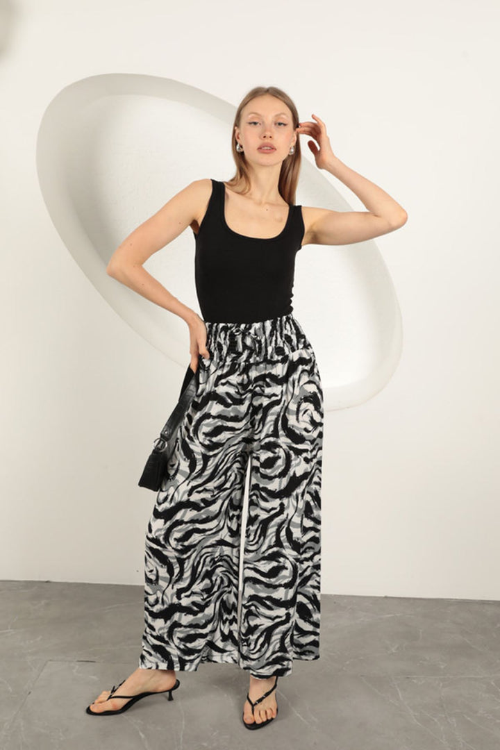 KKT Viscose Fabric Striped Patterned Trousers-Black - Victoria