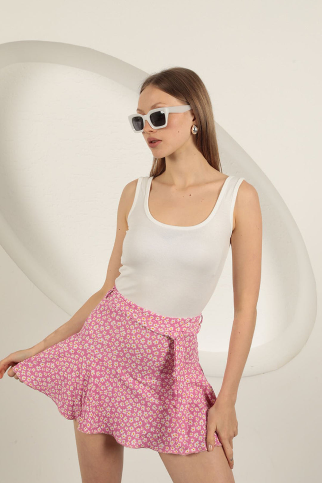 KKT Crepe Daisy Pattern Short Skirt-Pink - Dothan