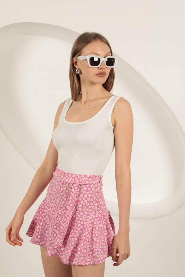 KKT Crepe Daisy Pattern Short Skirt-Pink - Dothan