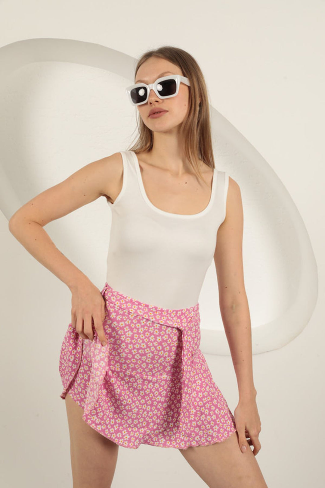 KKT Crepe Daisy Pattern Short Skirt-Pink - Dothan