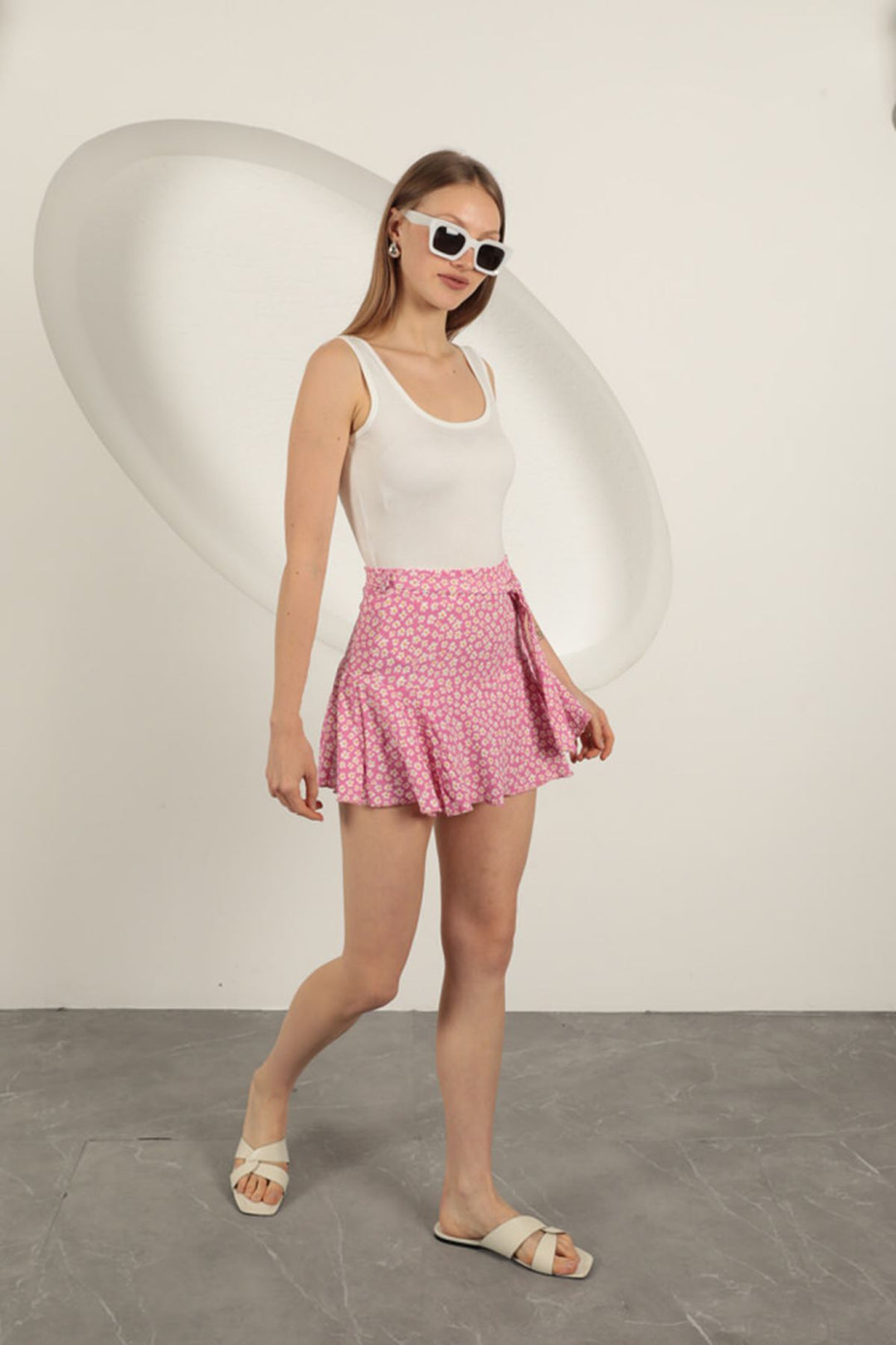 KKT Crepe Daisy Pattern Short Skirt-Pink - Dothan
