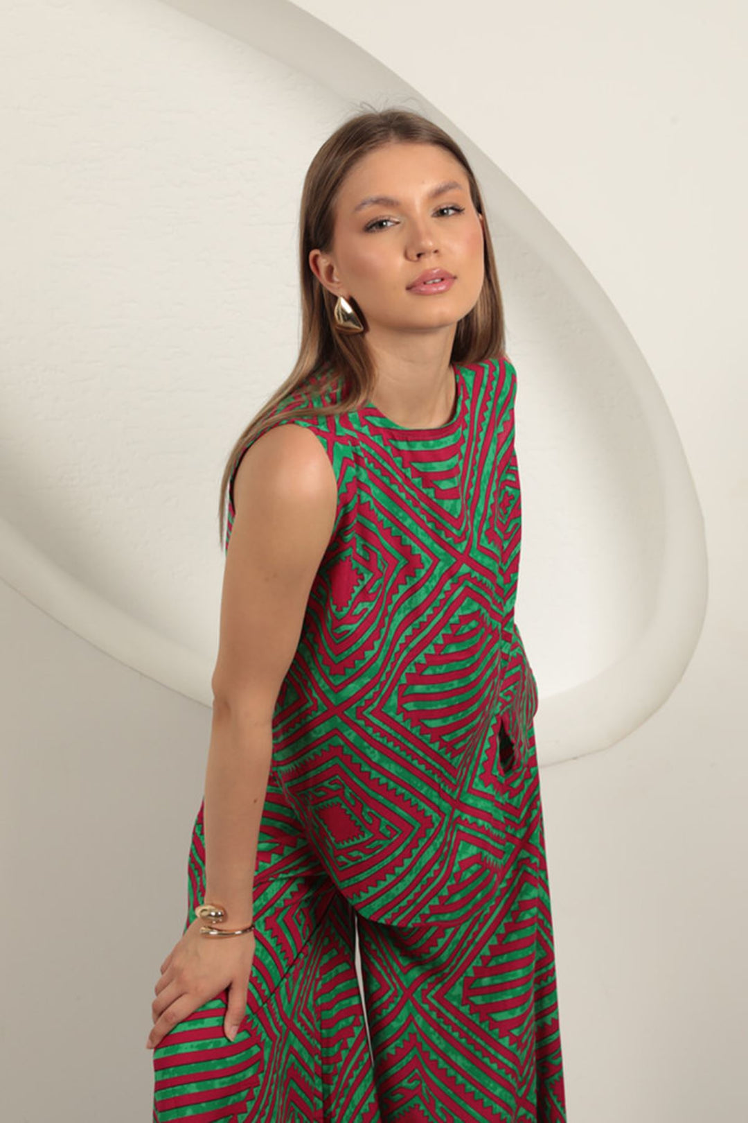 KKT Viscose Fabric Patterned Women's Suit-Green - Geel