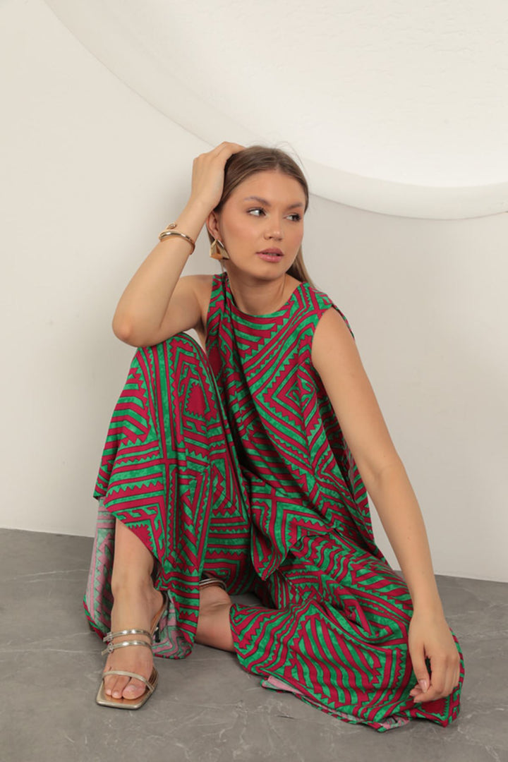 KKT Viscose Fabric Patterned Women's Suit-Green - Geel