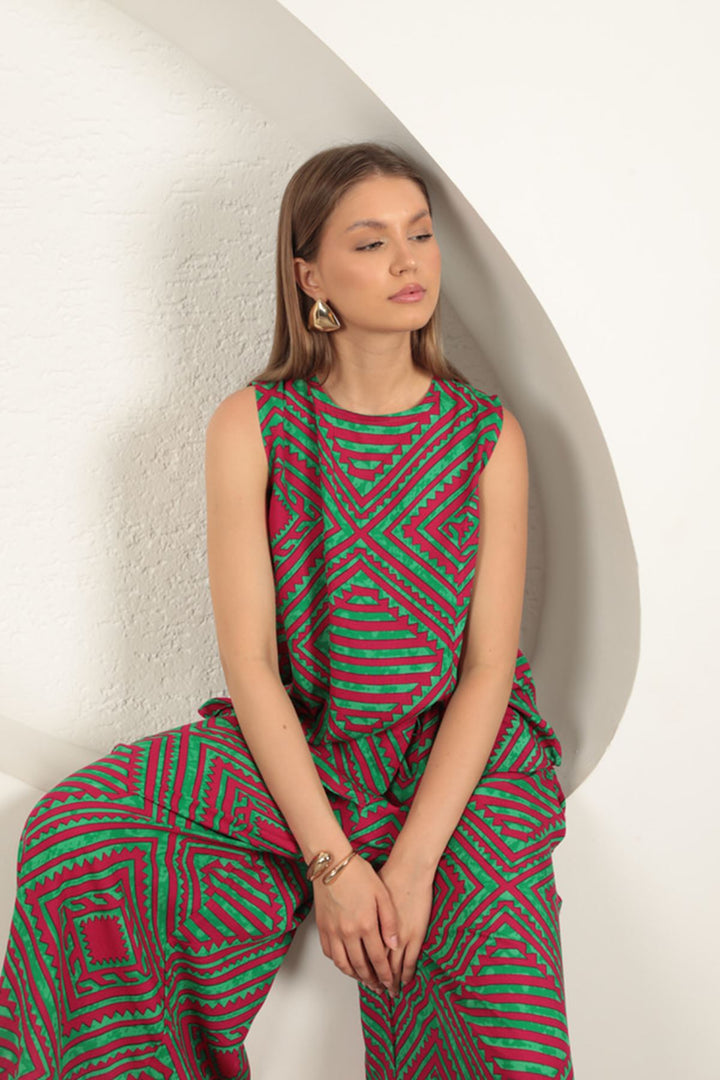 KKT Viscose Fabric Patterned Women's Suit-Green - Geel