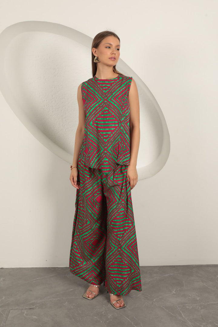 KKT Viscose Fabric Patterned Women's Suit-Green - Geel