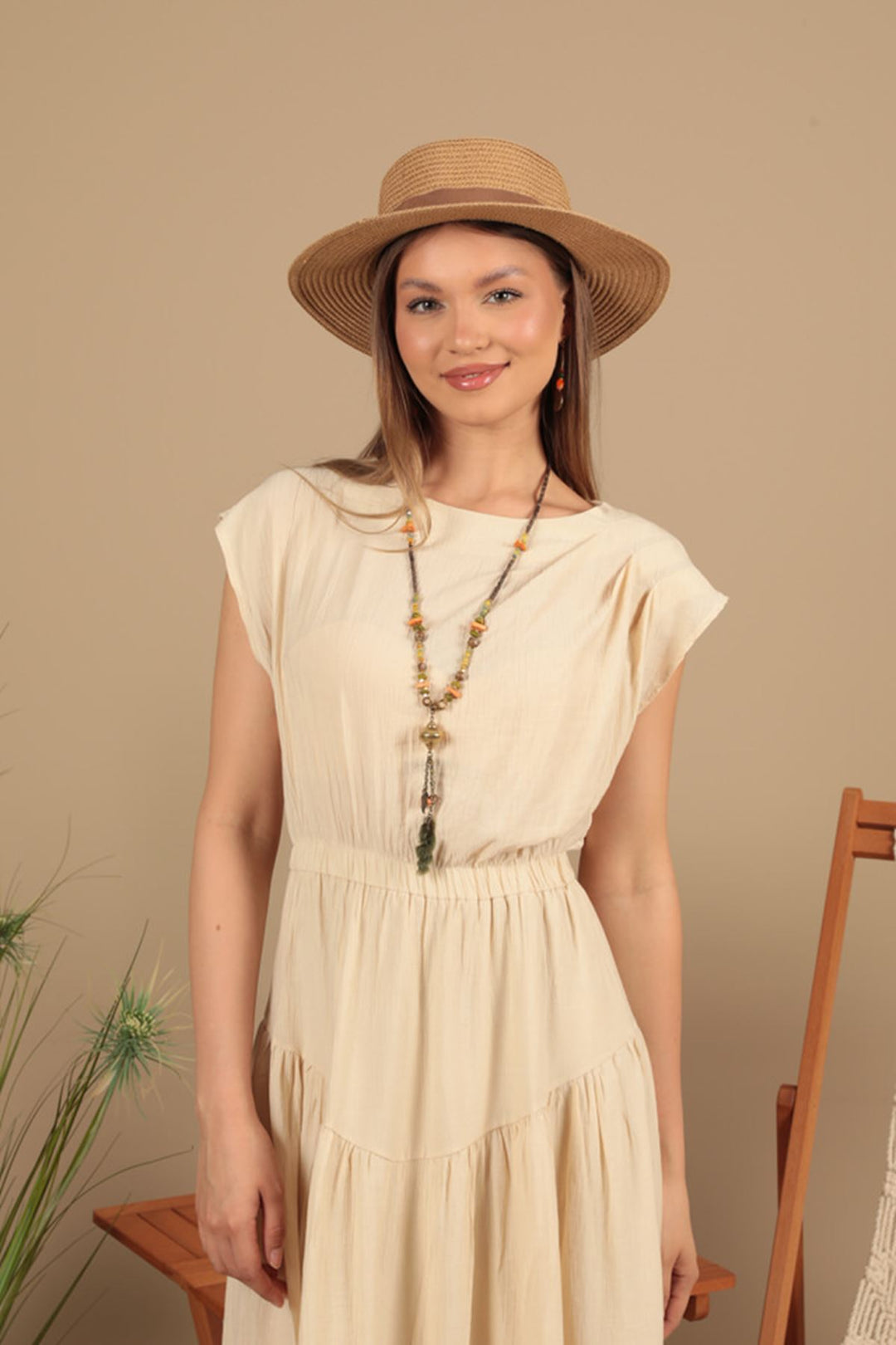KKT Strawberry Fabric Plain Dress-Beige - Peachtree City