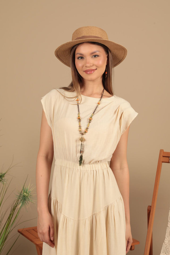 KKT Strawberry Fabric Plain Dress-Beige - Peachtree City