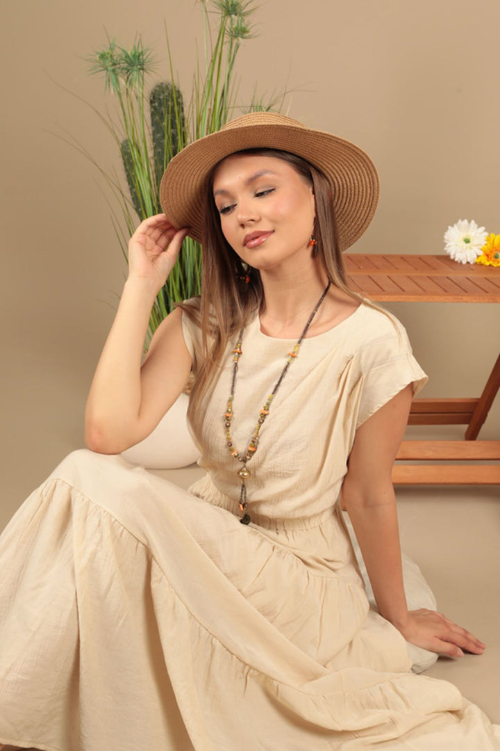 KKT Strawberry Fabric Plain Dress-Beige - Peachtree City