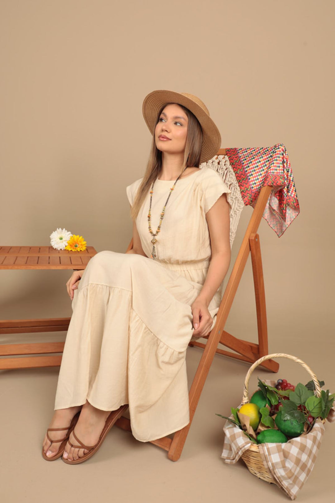 KKT Strawberry Fabric Plain Dress-Beige - Peachtree City