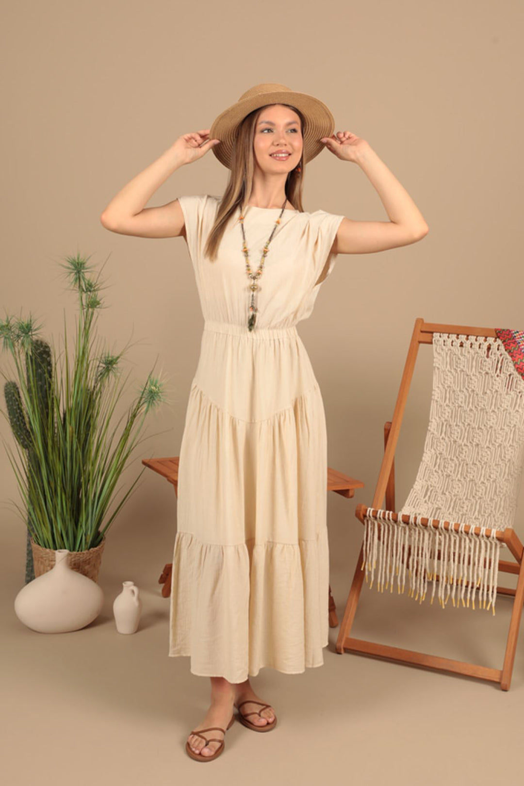 KKT Strawberry Fabric Plain Dress-Beige - Peachtree City
