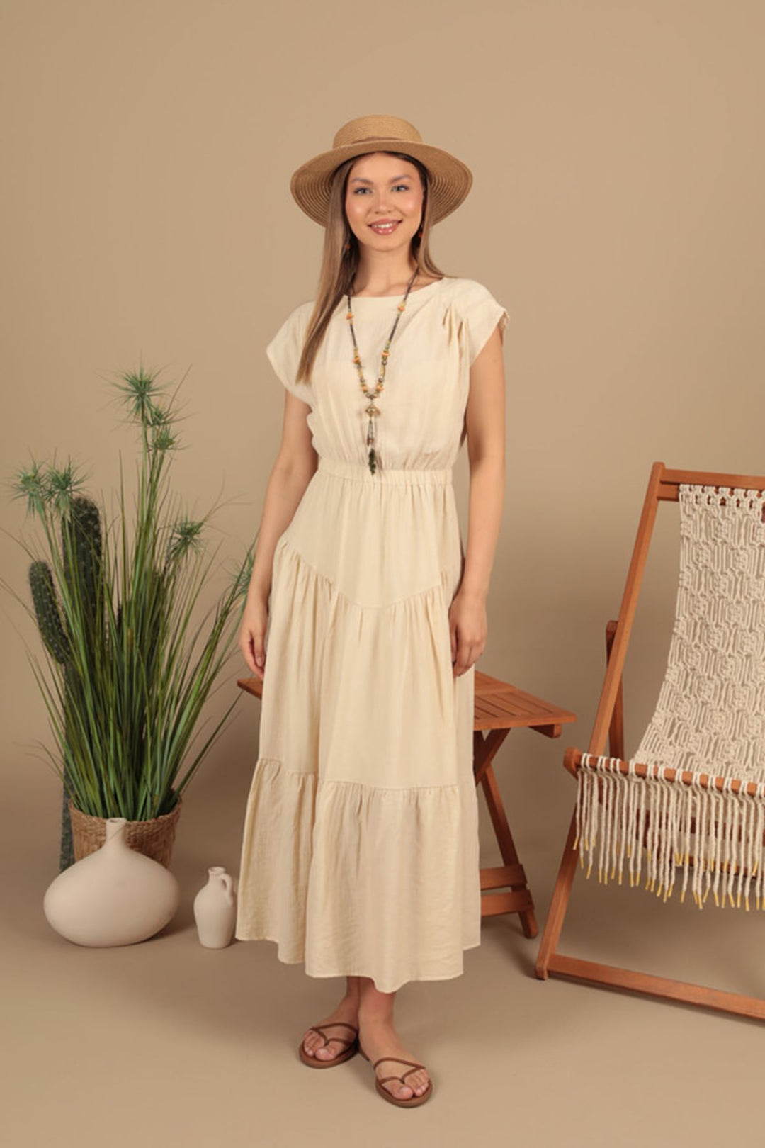 KKT Strawberry Fabric Plain Dress-Beige - Peachtree City